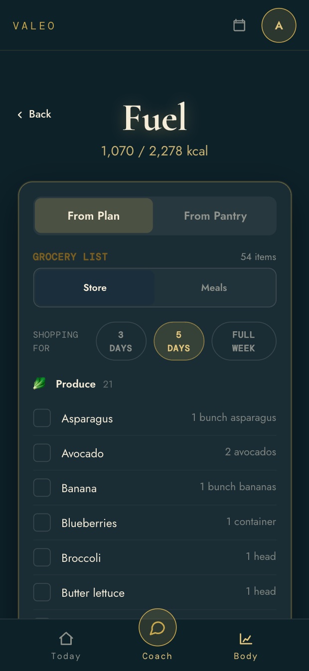 A grocery list of 54 items organized by aisle