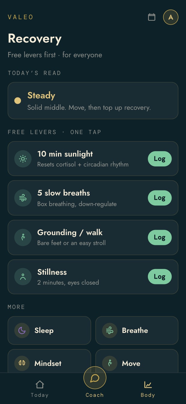 Recovery screen with free one-tap levers: sunlight, breathing, walking, stillness