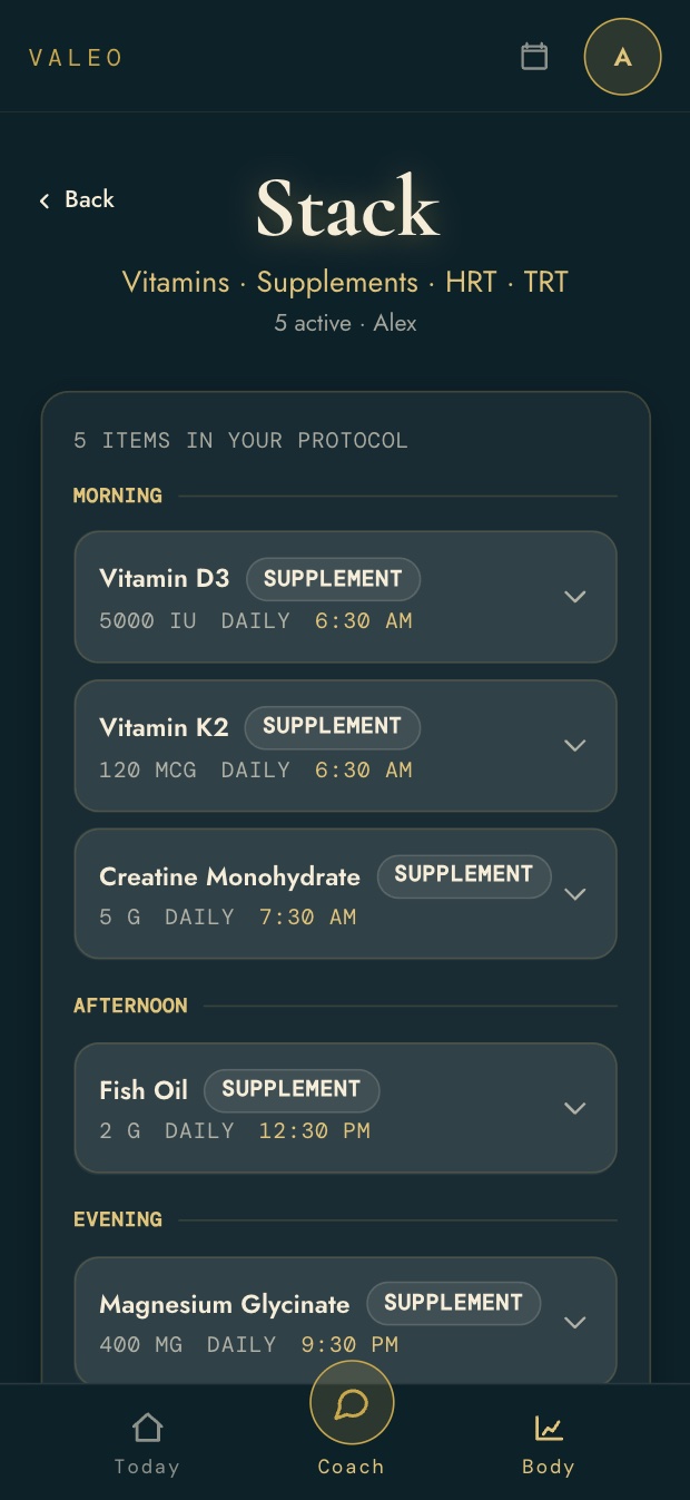 A supplement stack scheduled morning, afternoon and evening